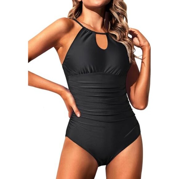 Women High Neck Halter Tummy Control  One Piece Swimsuit - Picture 2 of 7